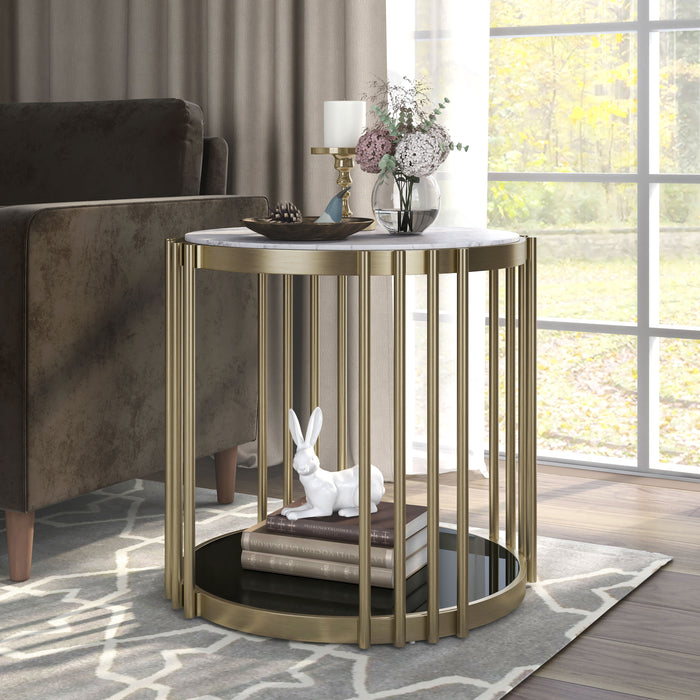 Esmee Antique Brass with Faux White Marble & Gloss Black Side Table