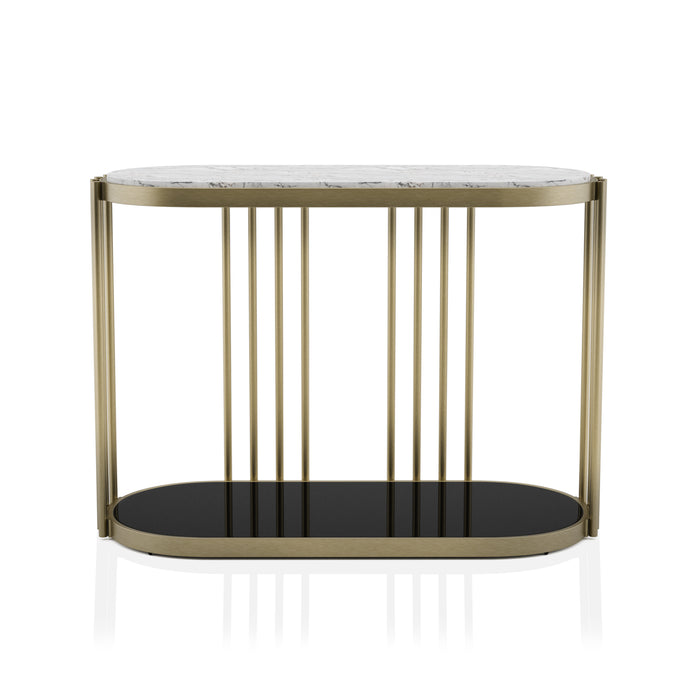 Esmee Antique Brass with Faux White Marble & Gloss Black Sofa Table