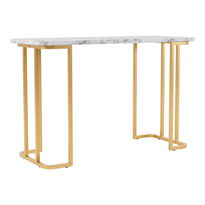 Right angled modern glam white faux marble and gold console table on a white background