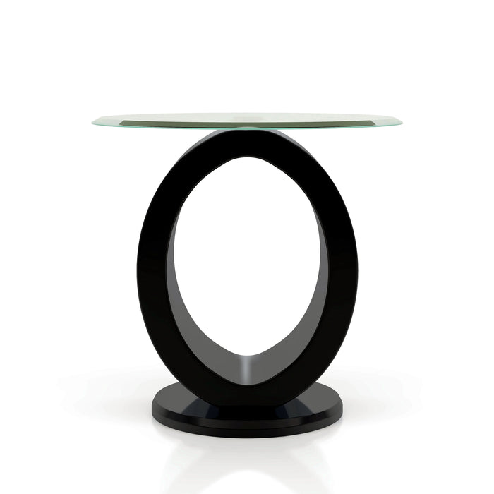 Front-facing slightly angled view of contemporary geometric glossy black and tempered glass top end table on white background