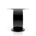 Side-facing view of contemporary geometric glossy black and tempered glass top end table on white background