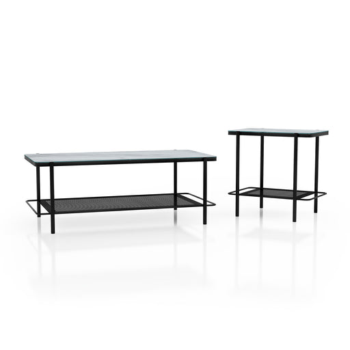 Right angled modern industrial black steel coffee table and left-facing black steel end table with tempered white marble glass tops and perforated open metal shelves on a white background.