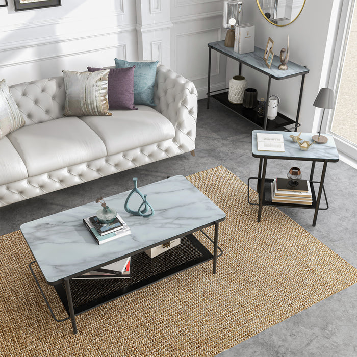 Right angled modern industrial black steel coffee table, left-facing sofa table, front-facing end table with tempered white marble glass tops and perforated open metal shelves decorated in living room.