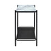 Side-facing modern industrial black steel console table with tempered white marble glass top and perforated open metal shelf on a white background.