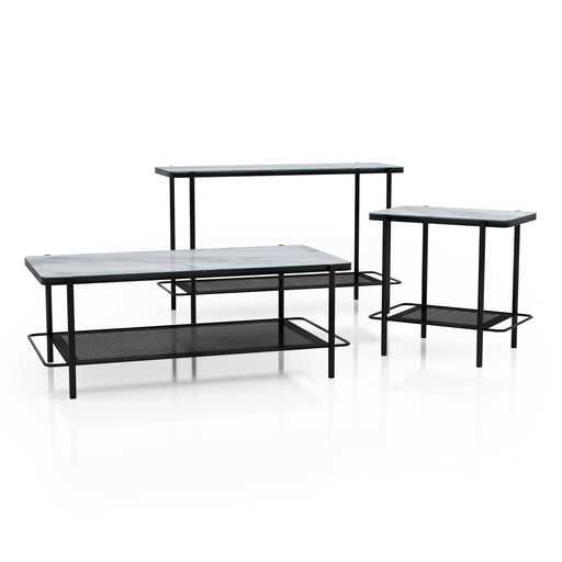 Right angled modern industrial black steel coffee table and sofa table, left-facing end table with tempered white marble glass tops and perforated open metal shelves on a white background.