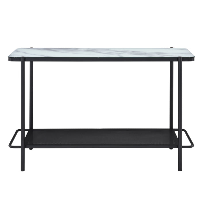 Front-facing modern industrial black steel sofa table with tempered white marble glass top and perforated open metal shelf on a white background.