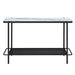 Front-facing modern industrial black steel sofa table with tempered white marble glass top and perforated open metal shelf on a white background.