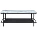 Front-facing modern industrial black steel coffee table with tempered white marble glass top, slender steel legs and perforated open metal shelf on a white background.