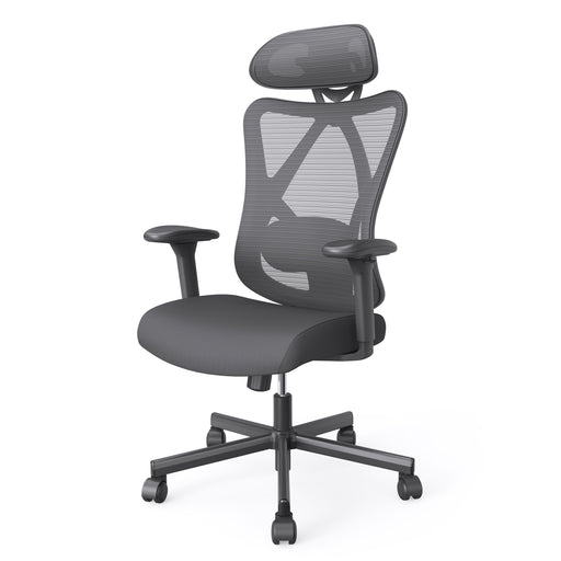 Left angled contemporary black office chair with mesh and a headrest on a white background