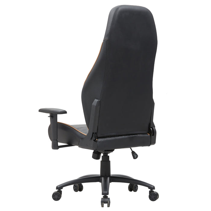 Left angled back view of a race car-inspired black and brown faux leather gaming chair on a white background
