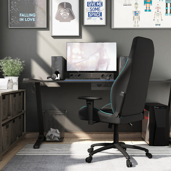 Left angled back view of a race car-inspired black and light blue faux leather gaming chair at a desk with accessories