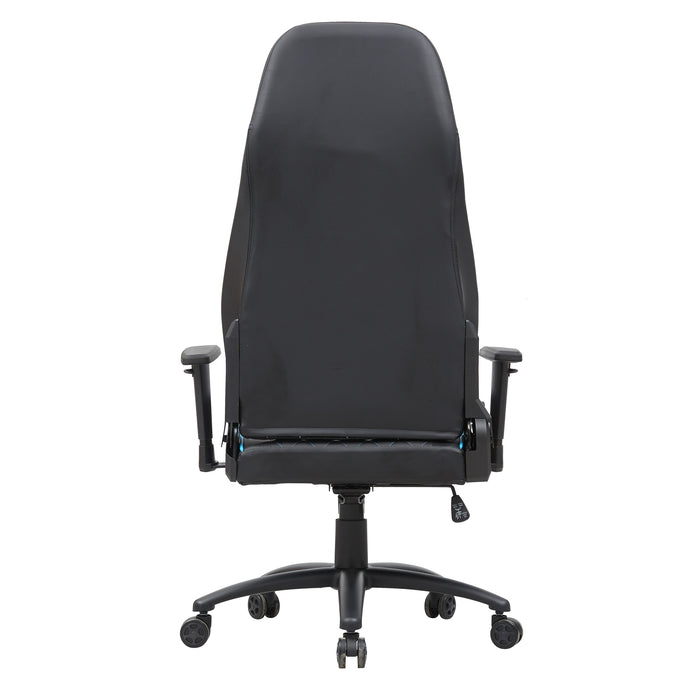 Front facing back view of a race car-inspired black and light blue faux leather gaming chair on a white background