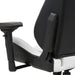 Left angled close up modern black and white faux leather gaming chair adjustable armrest detail on a white background