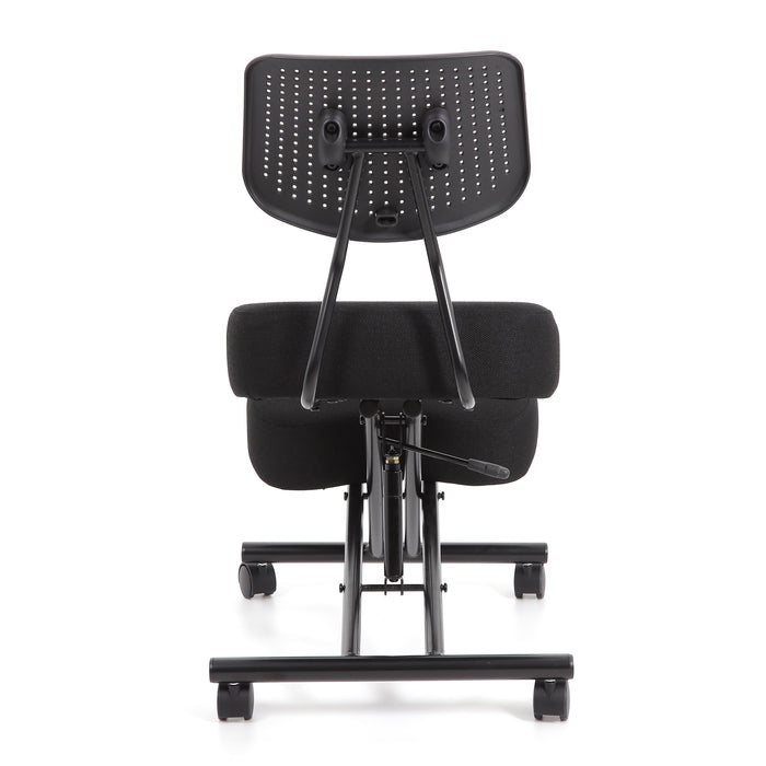 Front-facing back view modern black ergonomic kneeling chair with wheels on a white background