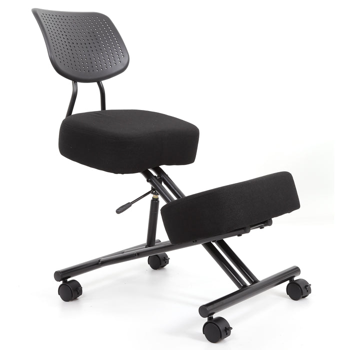 Right angled modern black ergonomic kneeling chair with wheels on a white background