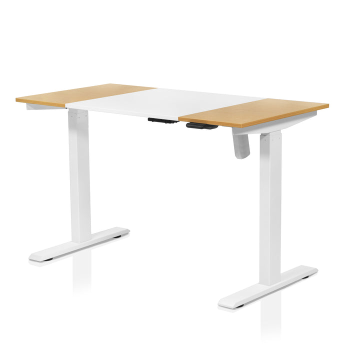 Left angled white and natural heigh adjustable writing desk on a white background