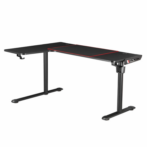 Left angled contemporary black L-shaped gaming desk with mouse pad on a white background
