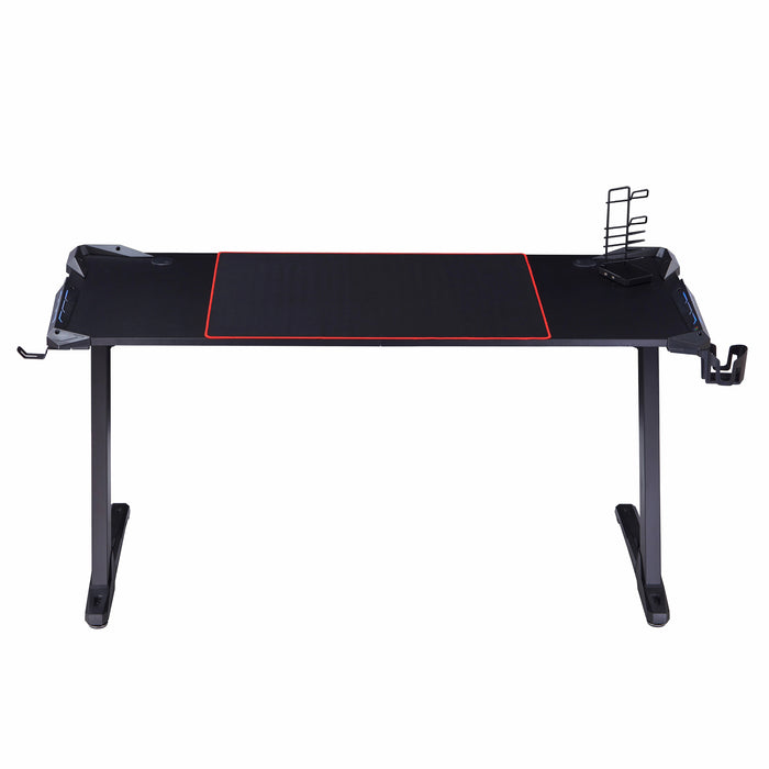 Front facing contemporary black gaming desk with red accents on a white background