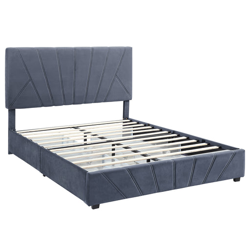 Right-angled modern glam gray upholstered storage bed with radiant channel tufting and underbed drawers on a white background