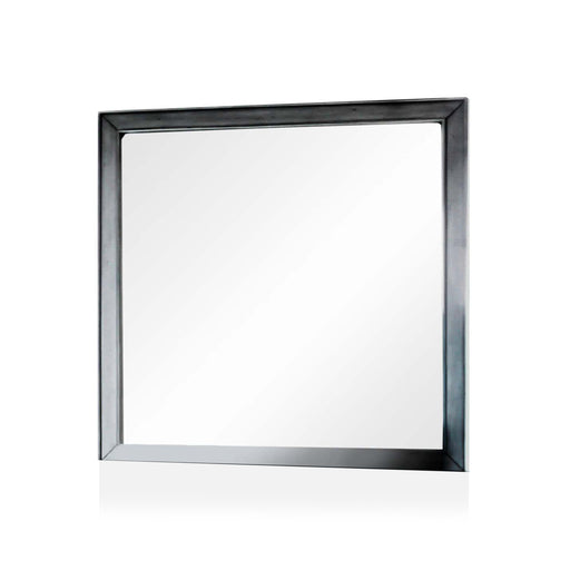 Left-angled framed weathered gray mirror on white background