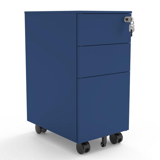 Right-facing modern navy blue steel file cabinet on white background. Convenient security lock and black wheels.