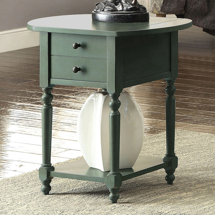  Angled left-facing antique teal one-drawer double drop-leaf side table in a living area with accessories