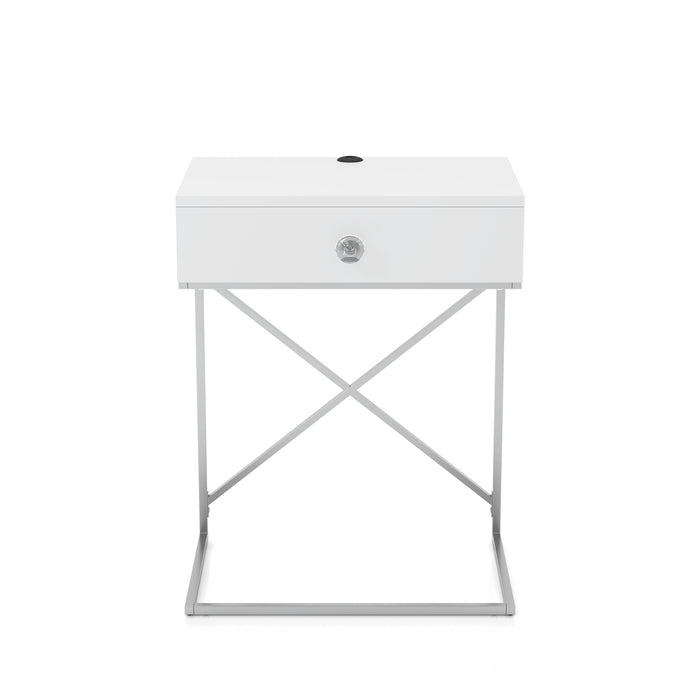 Elana Glossy White & Chrome 1-Drawer C-Style Side Table with USB Port