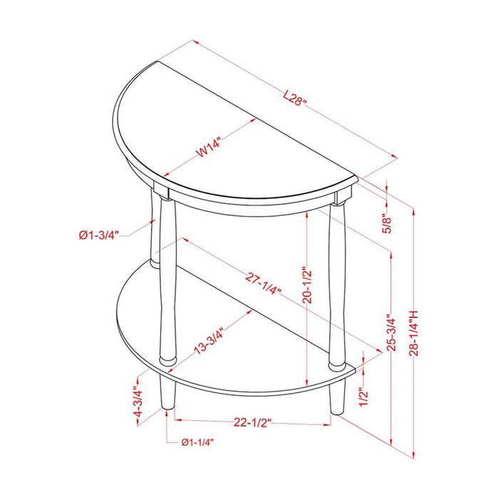 Left-angled line drawing demi-lune accent table with turned legs and dimensions on a white background