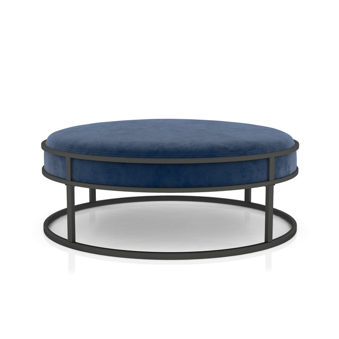 Front-facing contemporary navy and black round ottoman on a white background