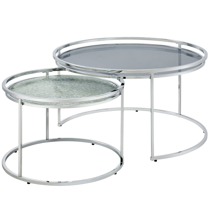 Right angled glam chrome and gray glass two-piece nesting tables on a white background