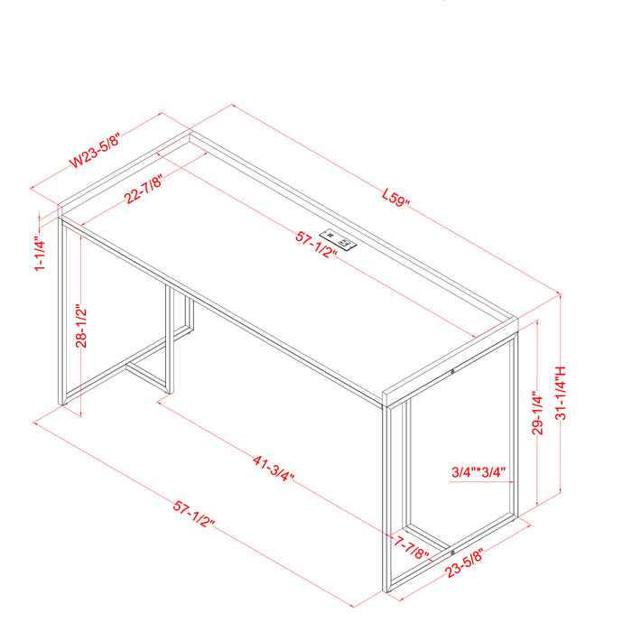 Angled top-down facing diagram of measurements of black metal urban desk on white background