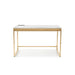 Forward-facing view of white and copper plating finish glam steel and wood desk on white background