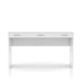 Front-facing view of glam luminous white pine wood three-drawer vanity table on white background