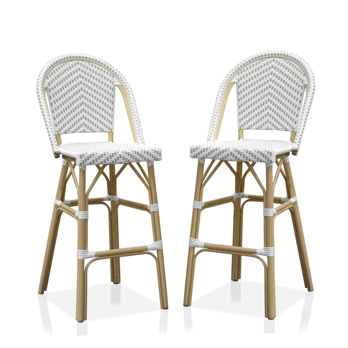 Left-angled french outdoor bar chair with a gray and white woven chevron pattern and tropical-style frame on a white background