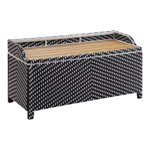 Right angled contemporary black and white wicker patio storage bench on a white background