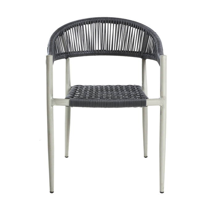 Front-facing bohemian faux wicker patio dining chair in light gray on a white background