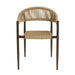 Front-facing bohemian faux wicker patio dining chair in walnut on a white background