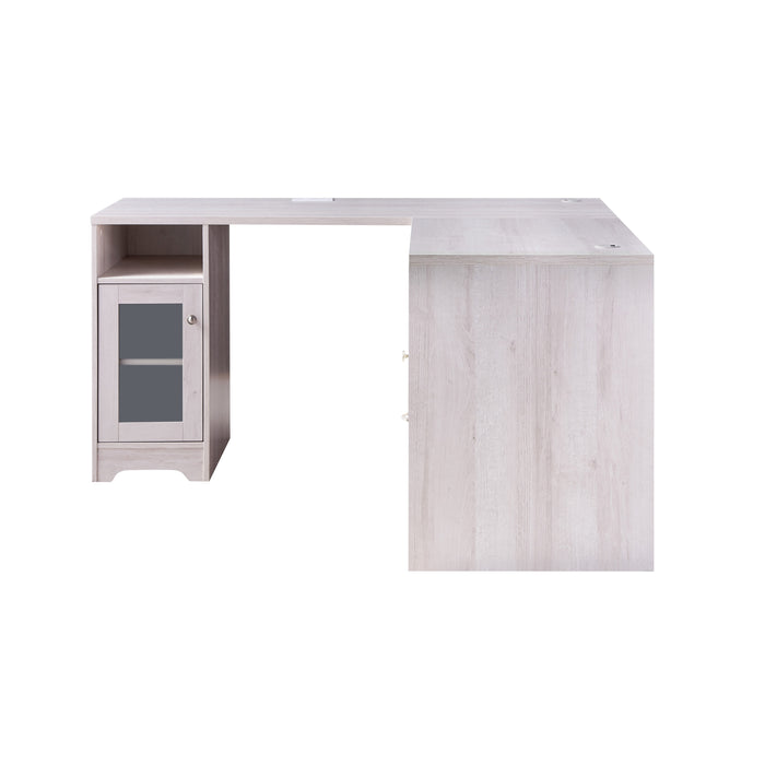 Right-side facing view of modern white oak finish L-shaped desk with storage on white background