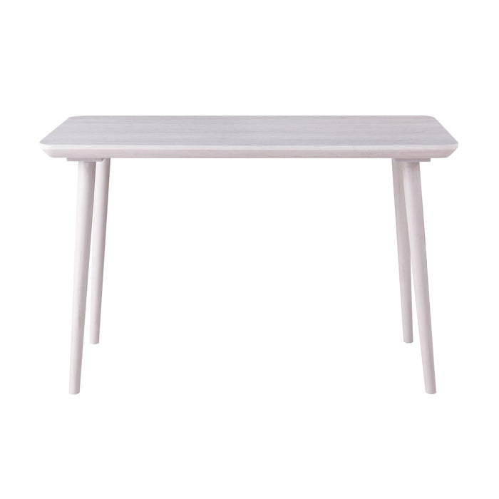 Front-facing view of contemporary white oak finish writing desk on white background