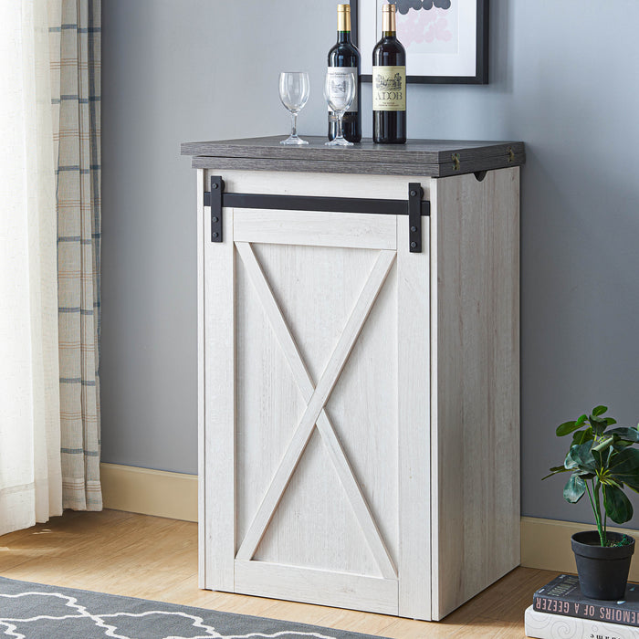 Angled view of farmhouse white oak and distressed gray finish MDF bar table in living space with accessories
