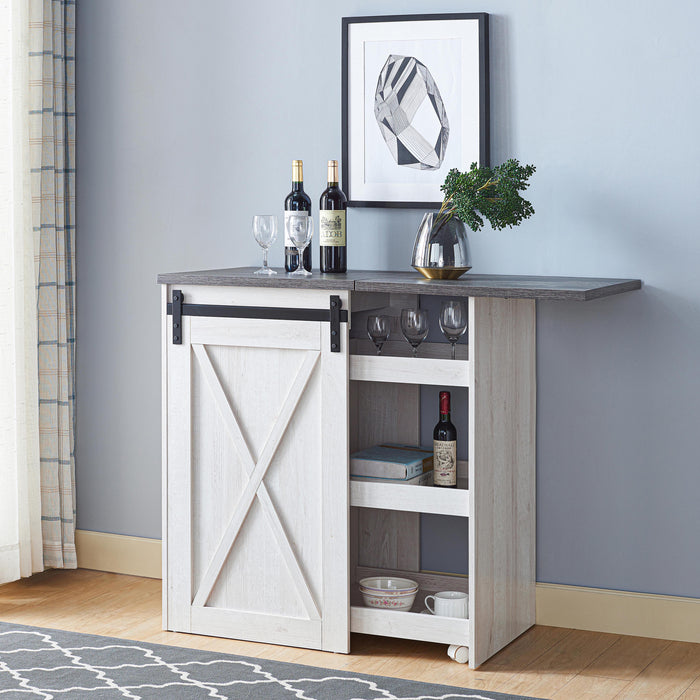 Angled view of farmhouse white oak and distressed gray finish MDF bar table with open door in living space with accessories