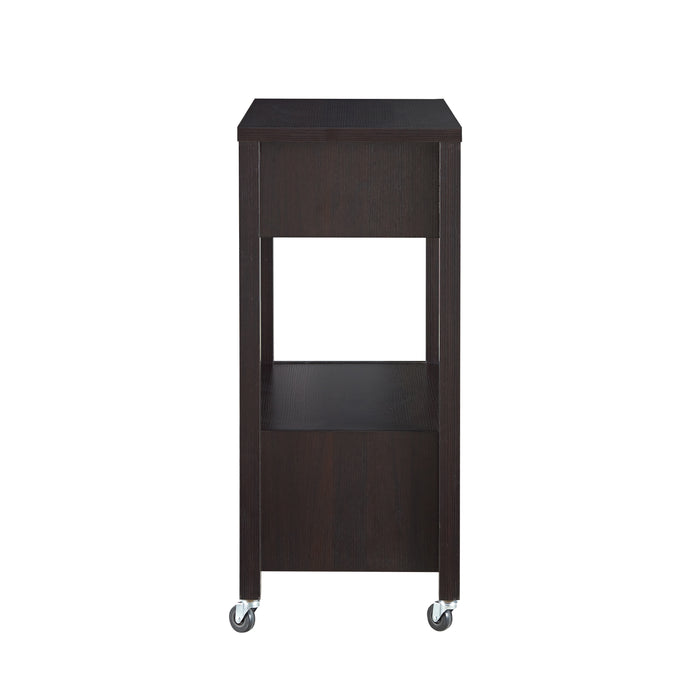 Side-facing view of transitional cappuccino finish kitchen cart with storage on white background