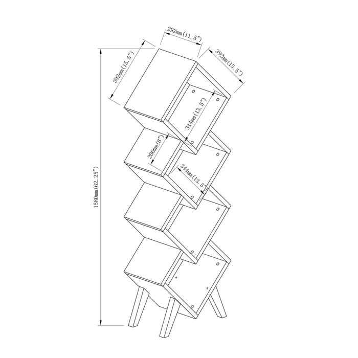 Right-angled modern four-cube stacked bookcase line drawing with dimensions on a white background