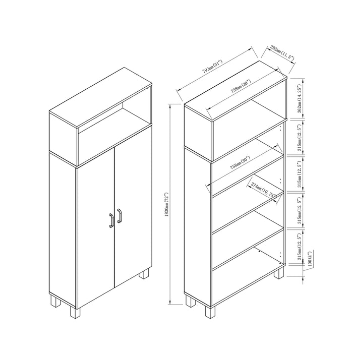 Right angled contemporary two-door white oak pantry line drawing with dimensions on a white background