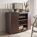 Right-angled vintage walnut wine bar cabinet in a traditional dining room.  The hanging stemware and trellis wine racks hold wine glasses and bottles. Fall pumpkin decor adorns the tabletop.