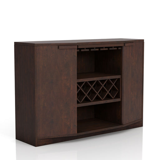 Right-angled vintage walnut wine bar cabinet against a white background. 5 hanging stemware racks, a trellis wine rack, and an open shelf are flanked by cabinets.