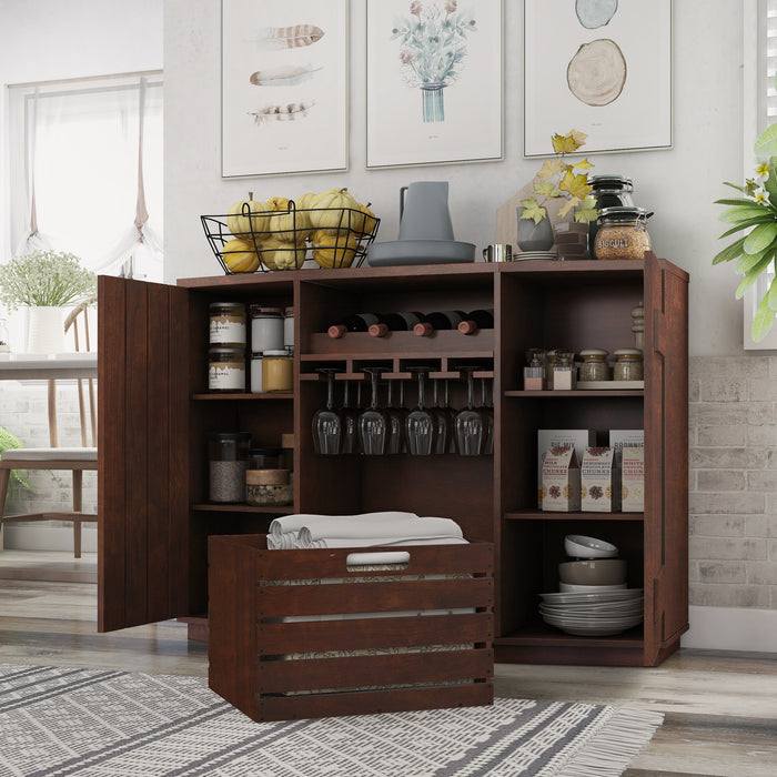 Phelan Walnut Slatted 4-Bottle Wine Bar Cabinet with Removable Crate