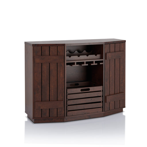 Right-angled rustic walnut wine bar cabinet against a white background. The plank-style cabinets and crate create a farmhouse-style look.