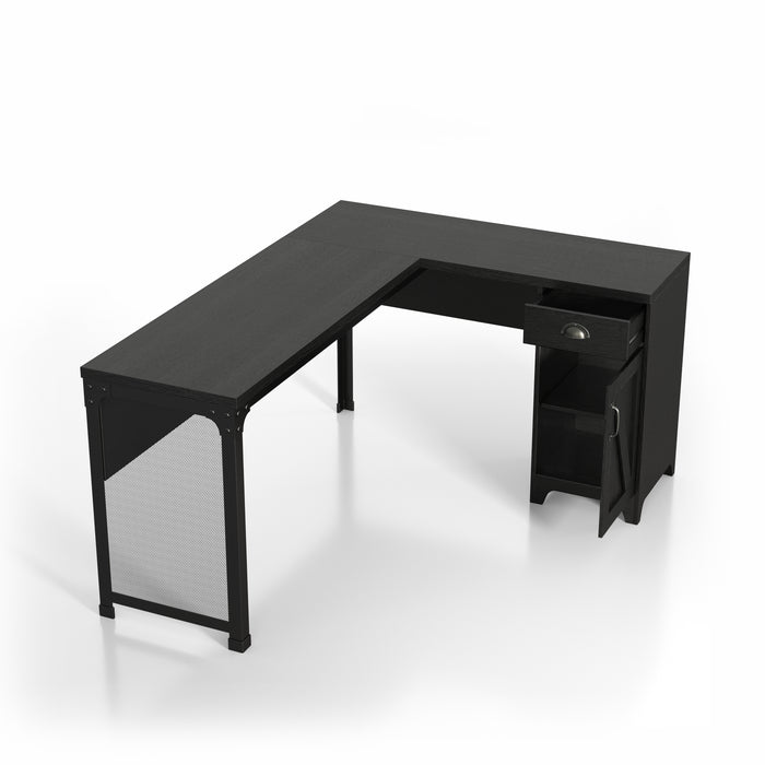 Top view of a black L-shaped desk against a white background. A drawer with a cup pull is open on metal glides and a barn-inspired cabinet door reveals two shelves.