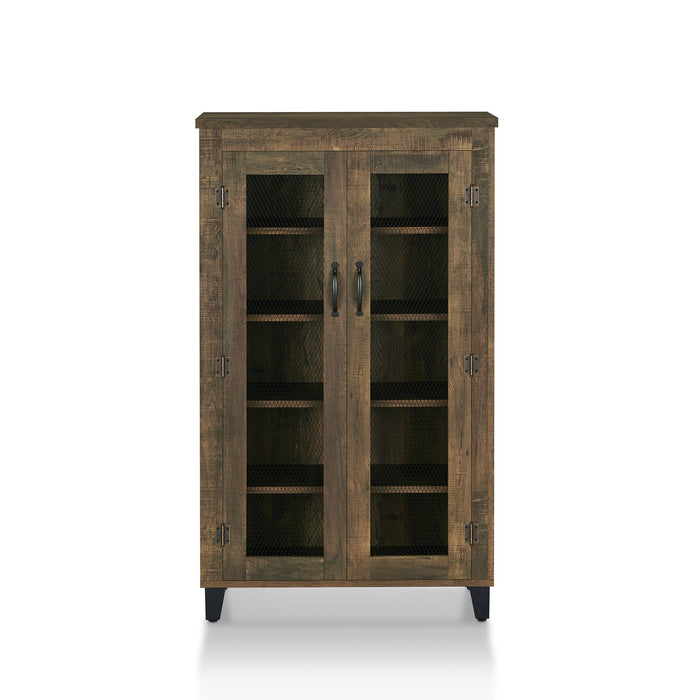 Front-facing rustic reclaimed oak shoe cabinet on white background. Metal chicken wire cabinet doors reveal eight interior shelves.